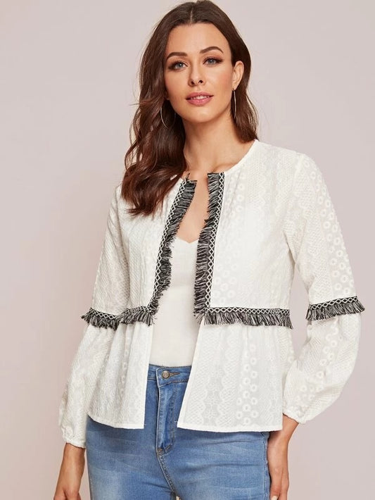 CM-CS209634 Women Casual Seoul Style Long Sleeve Open Front Raw Hem Jacket - White