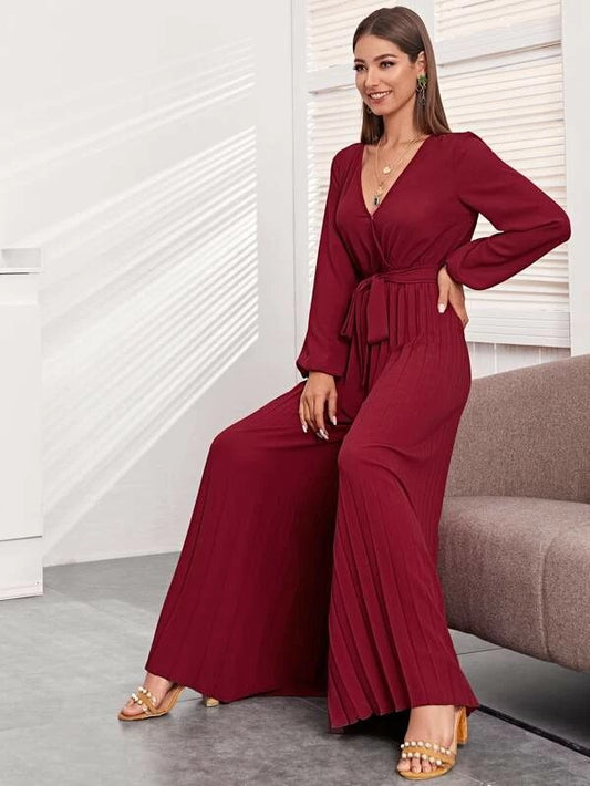 CM-JS119200 Women Elegant Seoul Style Lantern Sleeve Belted Pleated Wide Leg Jumpsuit - Wine Red