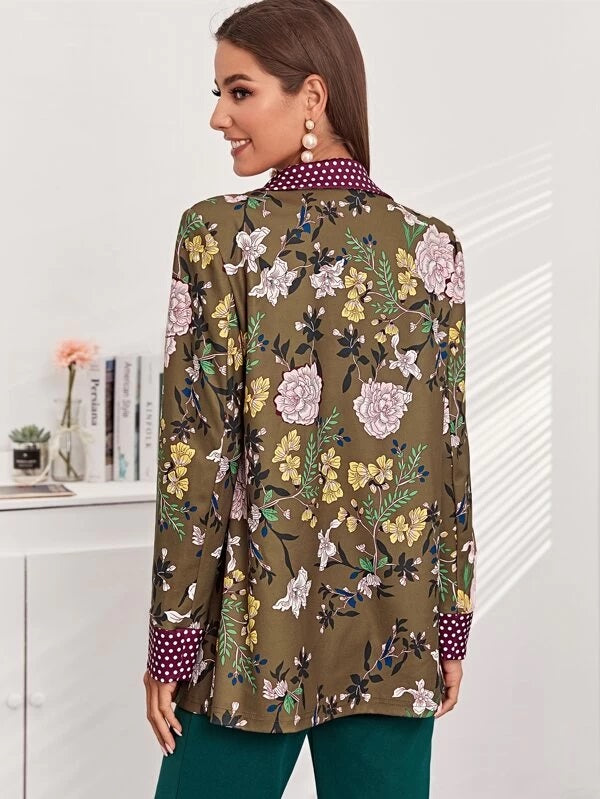 CM-CS121730 Women Elegant Seoul Style Polka Dot Notch Collar Belted Floral Wrap Blazer