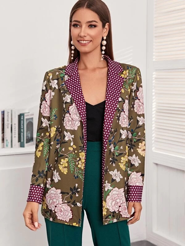 CM-CS121730 Women Elegant Seoul Style Polka Dot Notch Collar Belted Floral Wrap Blazer