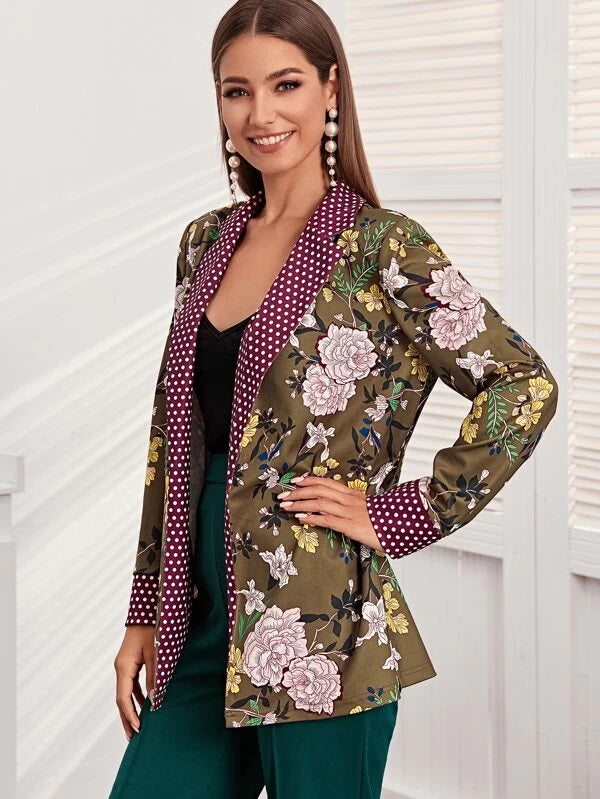 CM-CS121730 Women Elegant Seoul Style Polka Dot Notch Collar Belted Floral Wrap Blazer