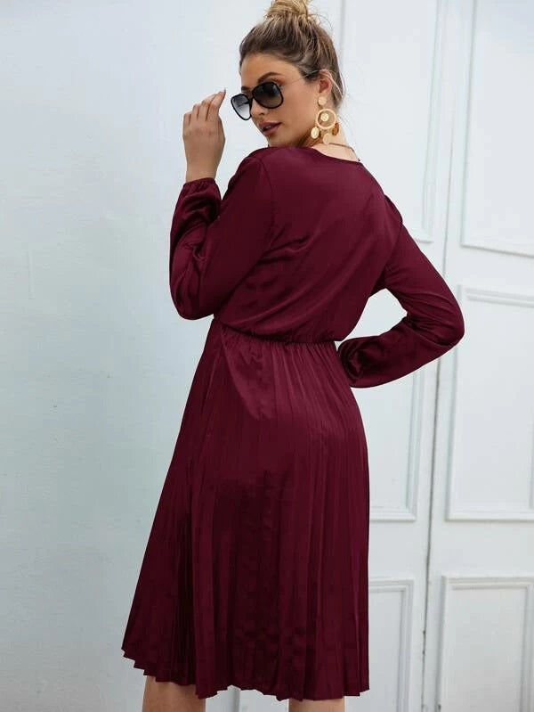 CM-DS209935 Women Elegant Seoul Style Long Sleeve Solid Surplice Pleated Hem Satin Dress - Wine Red