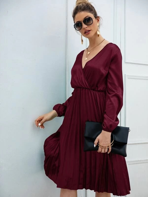 CM-DS209935 Women Elegant Seoul Style Long Sleeve Solid Surplice Pleated Hem Satin Dress - Wine Red