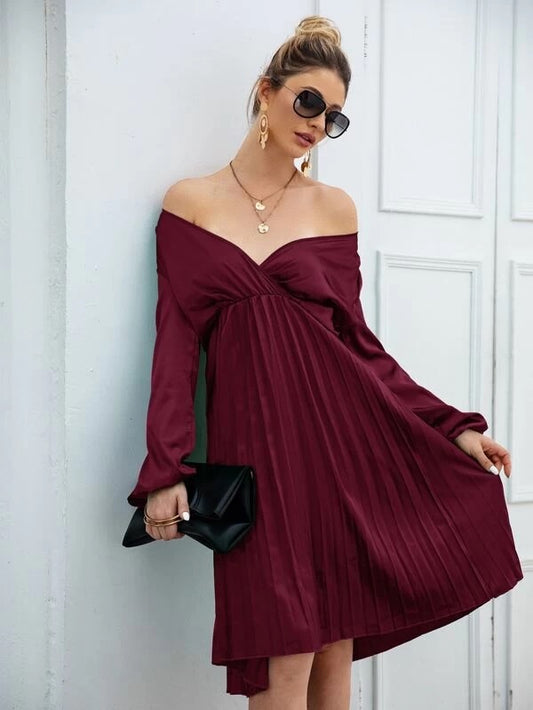 CM-DS209935 Women Elegant Seoul Style Long Sleeve Solid Surplice Pleated Hem Satin Dress - Wine Red