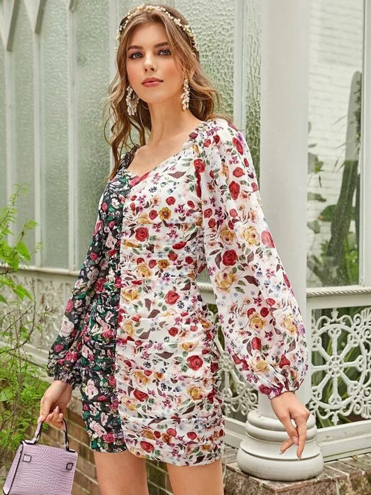 CM-DS119456 Women Elegant Seoul Style Bishop Sleeve Ruched Floral Print Colorblock Dress