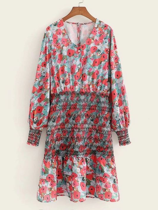 CM-DS210644 Women Casual Seoul Style Long Sleeve Floral Print Layered Hem Dress
