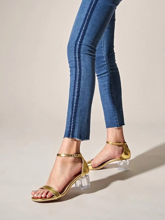 CM-SHS210578 Women Trendy Seoul Style Metallic Ankle Strap Chunky Heels - Gold