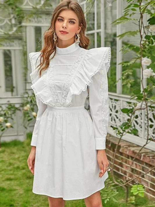 CM-DS120762 Women Elegant Seoul Style Long Sleeve Embroidered Mesh Ruffle Short Dress - White