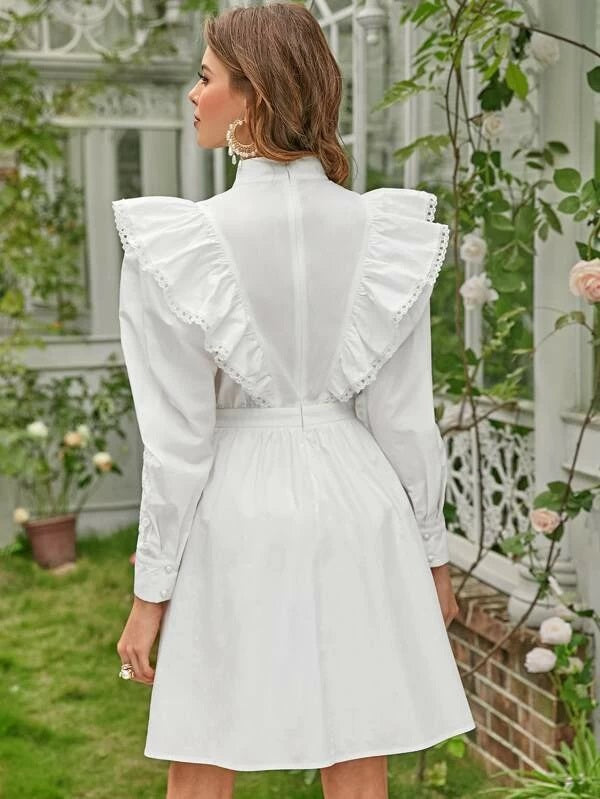 CM-DS120762 Women Elegant Seoul Style Long Sleeve Embroidered Mesh Ruffle Short Dress - White