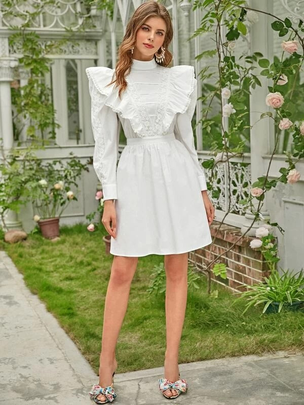CM-DS120762 Women Elegant Seoul Style Long Sleeve Embroidered Mesh Ruffle Short Dress - White