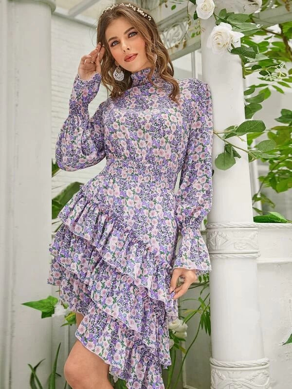 CM-DS122582 Women Bohemian Style Shirred Neck Asymmetrical Layered Hem Floral Dress