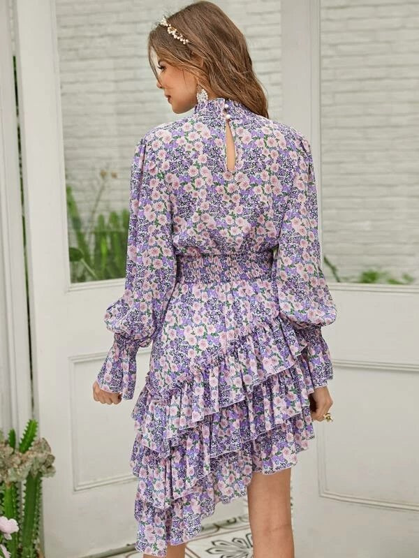 CM-DS122582 Women Bohemian Style Shirred Neck Asymmetrical Layered Hem Floral Dress