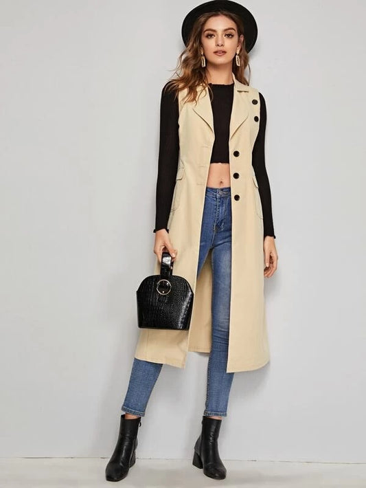 CM-CS211477 Women Casual Seoul Style Sleeveless Solid Lapel Neck Button Detail Vest - Beige