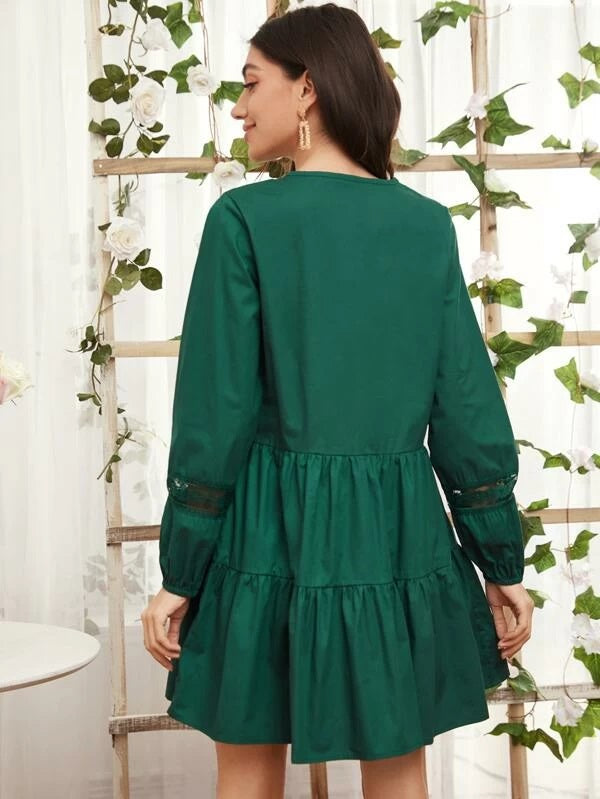 CM-DS210078 Women Elegant Seoul Style Long Sleeve Lace Panel Ruffle Hem Smock Dress - Green