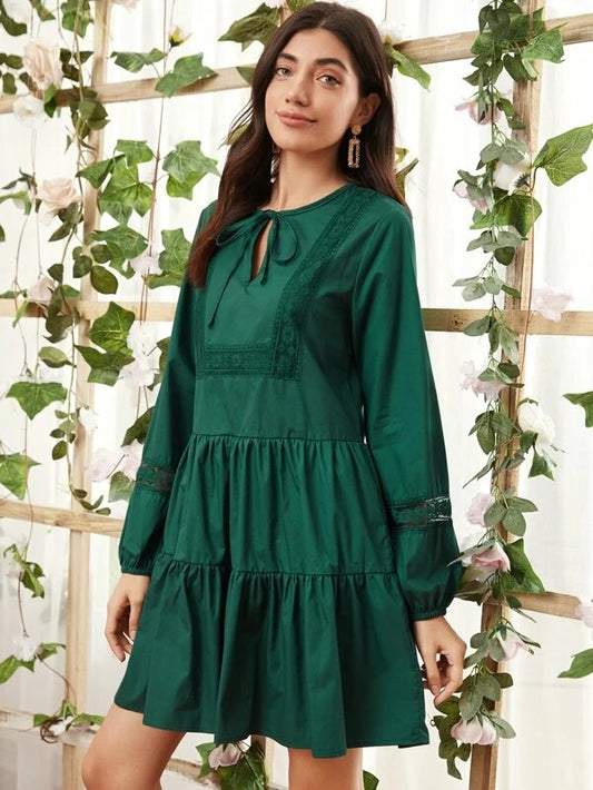 CM-DS210078 Women Elegant Seoul Style Long Sleeve Lace Panel Ruffle Hem Smock Dress - Green