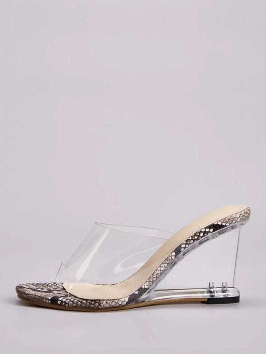 CM-SHS211393 Women Elegant Seoul Style Open Toe Snakeskin Panel Wedges Mules