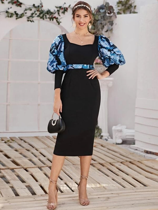 CM-DS209956 Women Elegant Seoul Style Floral Gigot Sleeve High Waist Pencil Dress - Black