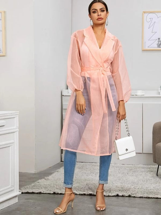 CM-CS212004 Women Trendy European Style Long Sleeve Belted Lapel Collar Sheer Coat - Pink