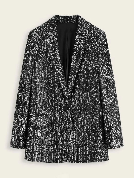 CM-CS212136 Women Elegant Seoul Style Long Sleeve Sequins Single Button Lapel Blazer - Black