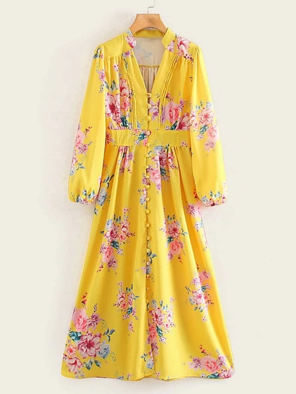 CM-DS212310 Women Casual Seoul Style Long Sleeve Floral Print Covered Button Dress - Yellow