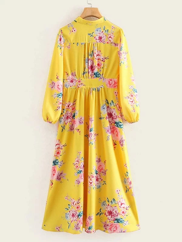 CM-DS212310 Women Casual Seoul Style Long Sleeve Floral Print Covered Button Dress - Yellow