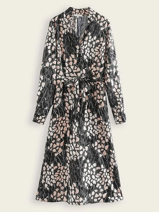 CM-DS212647 Women Casual Seoul Style Long Sleeve All Over Print Notched Neck Belted Dress