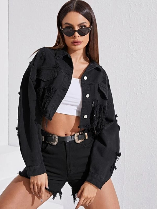 CM-CS209442 Women Preppry Seoul Style Distressed Frayed Cropped Denim Jacket - Black