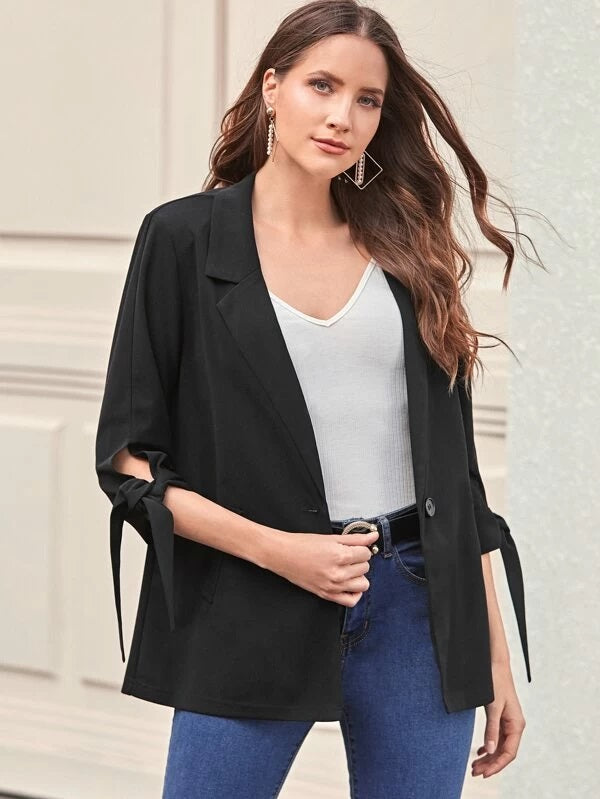 CM-CS120639 Women Elegant Seoul Style Long Sleeve Knot Detail Single Button Blazer - Black