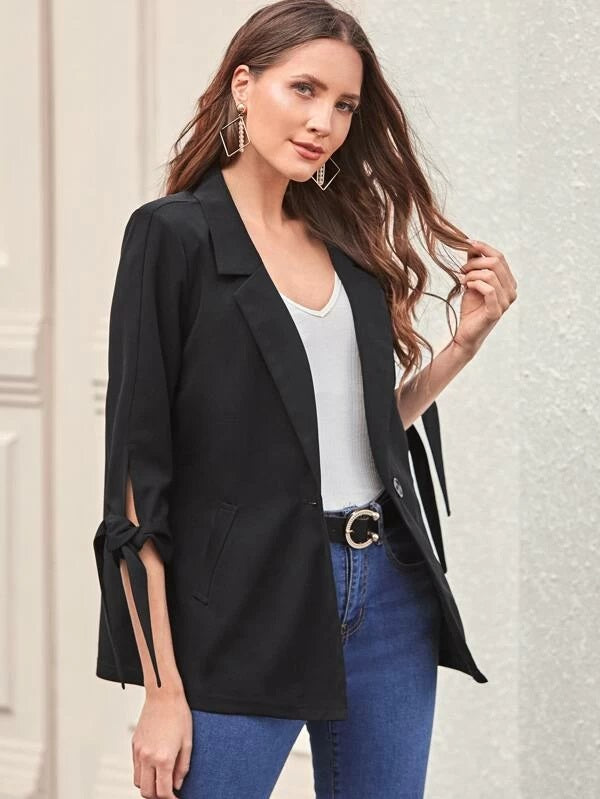 CM-CS120639 Women Elegant Seoul Style Long Sleeve Knot Detail Single Button Blazer - Black