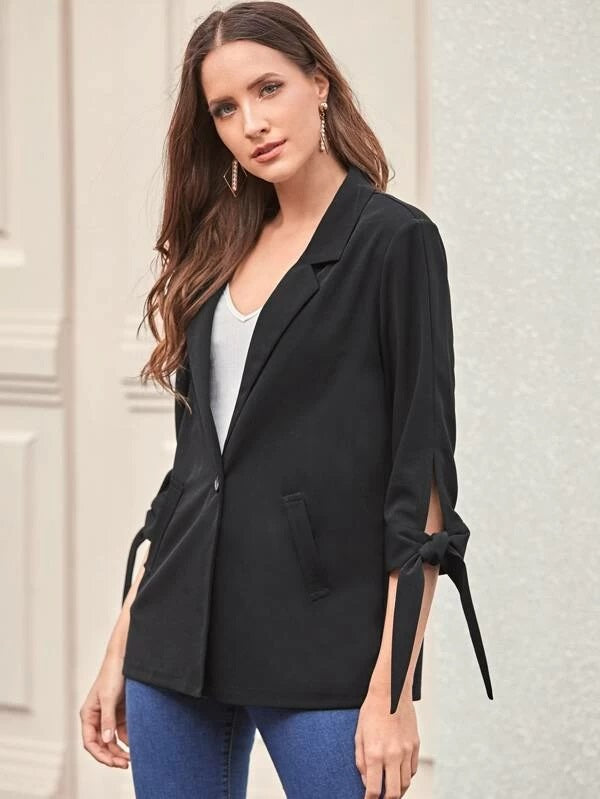 CM-CS120639 Women Elegant Seoul Style Long Sleeve Knot Detail Single Button Blazer - Black