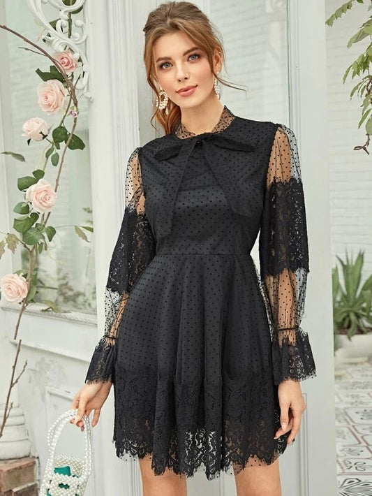 CM-DS118810 Women Elegant Seoul Style Long Sleeve Tie Neck Lace Insert Dot Mesh Dress - Black