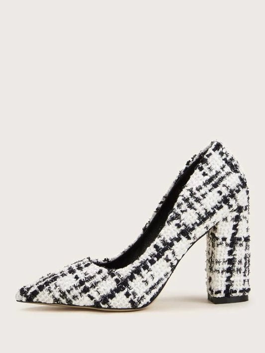 CM-SHS213705 Women Elegant Seoul Style Point Toe Plaid Tweed Chunky Heels