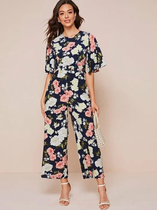 CM-JS213442 Women Trendy Bohemian Style Short Sleeve Zip Back Floral Print Jumpsuit