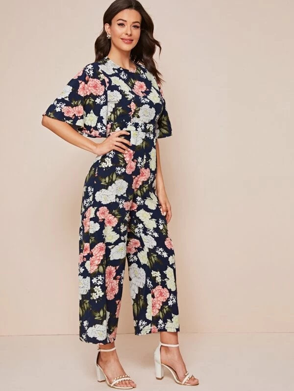CM-JS213442 Women Trendy Bohemian Style Short Sleeve Zip Back Floral Print Jumpsuit
