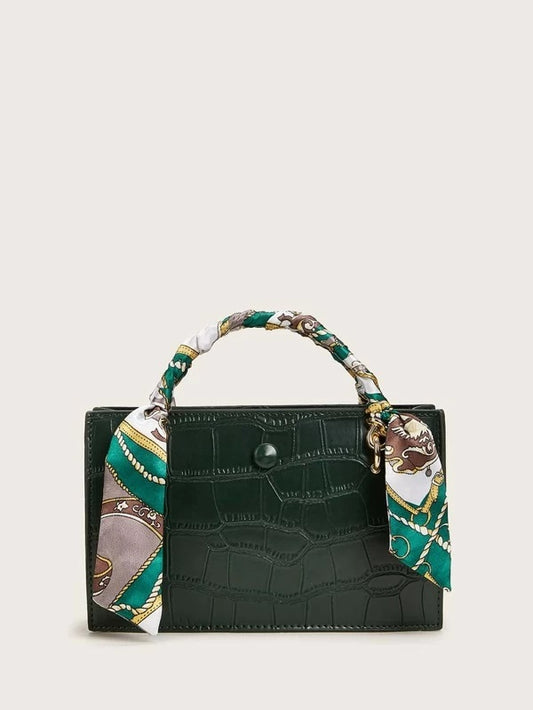 CM-BGS213205 Women Trendy Seoul Stye Twilly Scarf Handle Croc Embossed Satchel Bag - Green