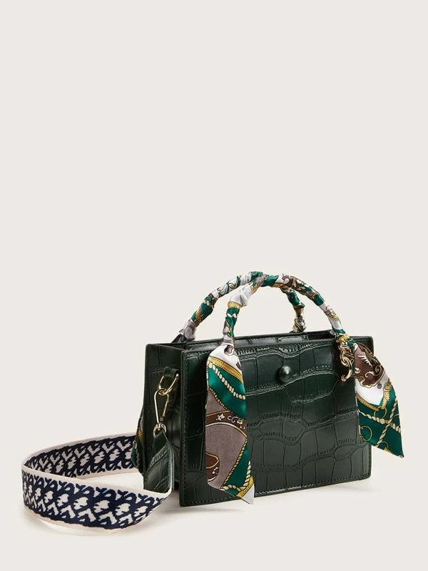 CM-BGS213205 Women Trendy Seoul Stye Twilly Scarf Handle Croc Embossed Satchel Bag - Green