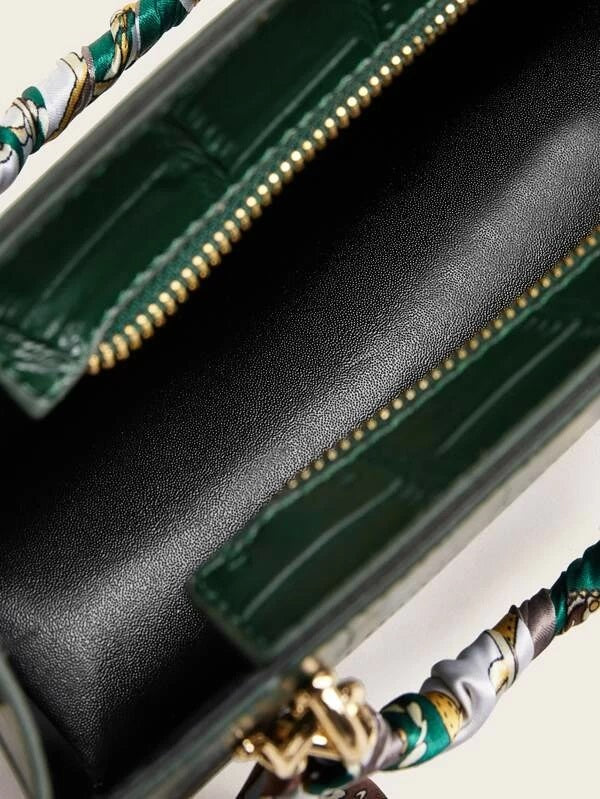 CM-BGS213205 Women Trendy Seoul Stye Twilly Scarf Handle Croc Embossed Satchel Bag - Green