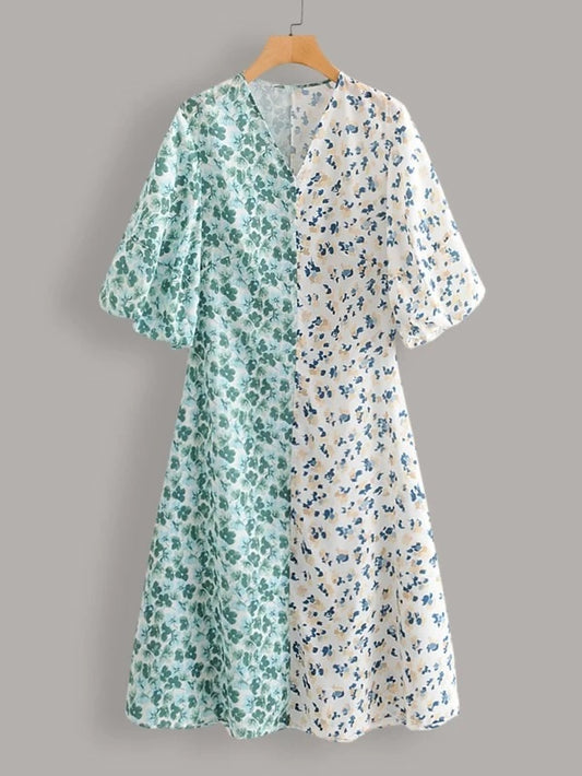 CM-DS213323 Women Casual Seoul Style Half Sleeve V-Neck Two Tone Ditsy Floral Dress