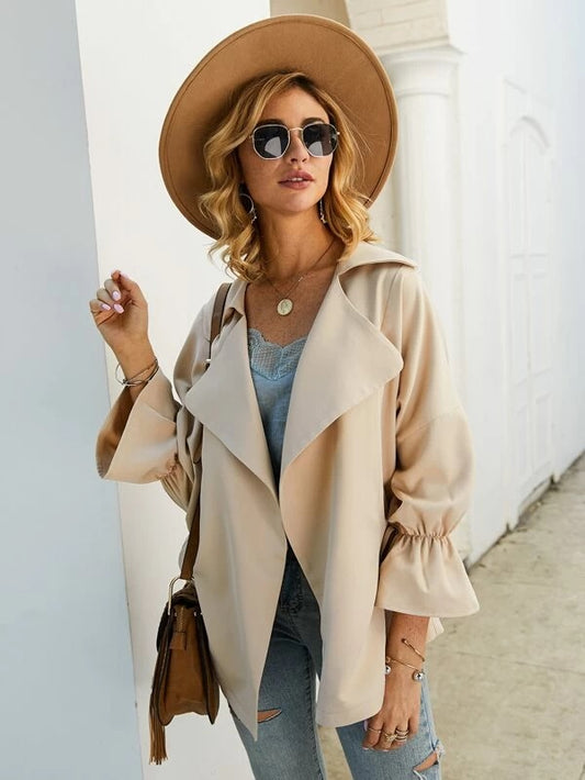 CM-CS213091 Women Casual Seoul Style Waterfall Flounce Sleeve Drawstring Coat - Beige