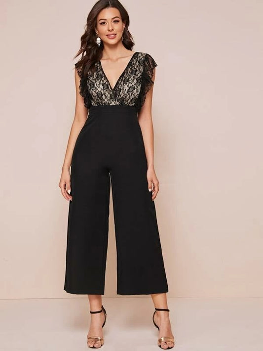 CM-JS213599 Women Elegant Seoul Style Sleeveless Contrast Lace Ruffle Trim Jumpsuit - Black