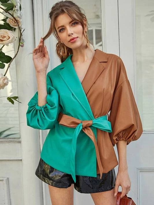 CM-CS112761 Women Elegant European Style Lantern Sleeve Belted Two Tone Faux Leather Coat