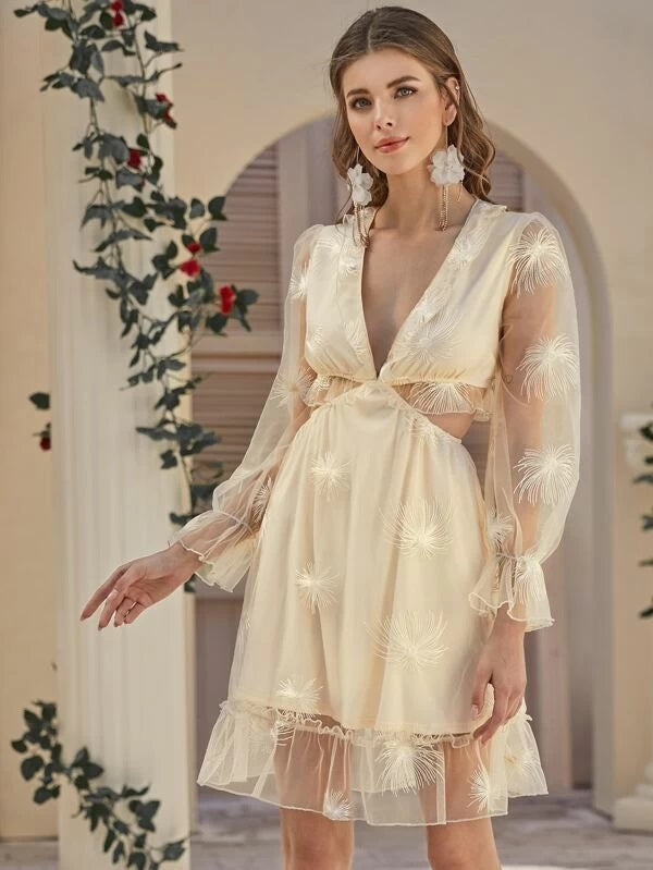 CM-DS202777 Women Elegant Seoul Style Plunging Neck Lace Up Back Embroidery Mesh Dress - Beige