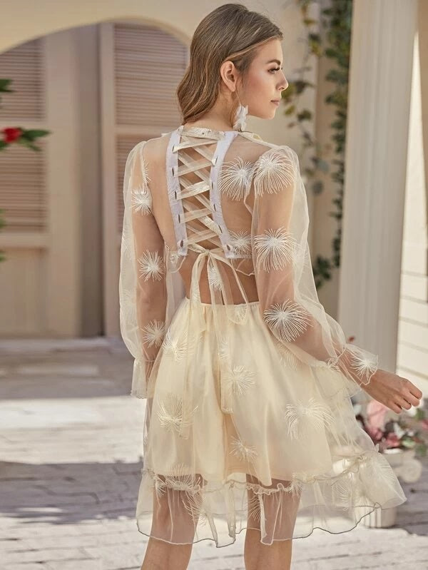 CM-DS202777 Women Elegant Seoul Style Plunging Neck Lace Up Back Embroidery Mesh Dress - Beige