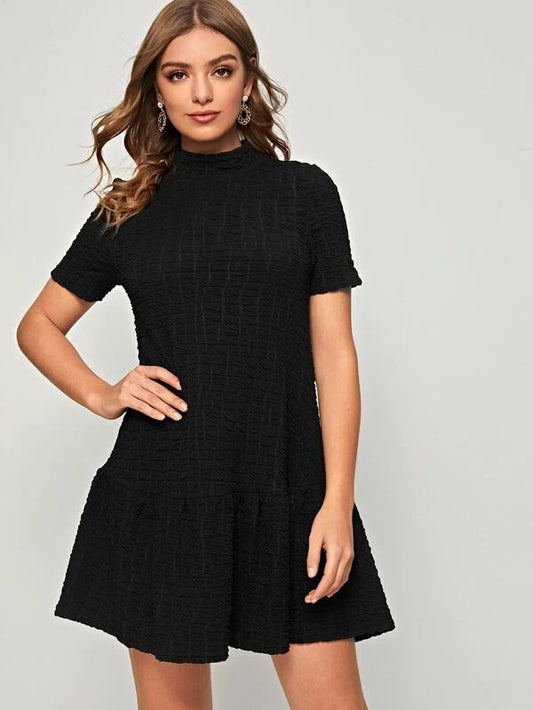 CM-DS214437 Women Elegant Seoul Style Solid Textured Mock Neck Babydoll Dress - Black