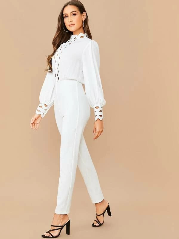 CM-JS106075 Women Elegant Seoul Style Mock Neck Lantern Sleeve Laser Cut Blouson Jumpsuit - White
