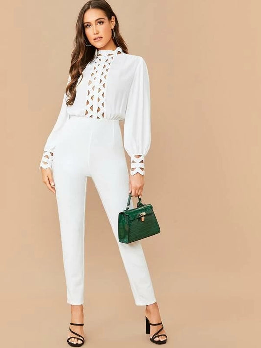 CM-JS106075 Women Elegant Seoul Style Mock Neck Lantern Sleeve Laser Cut Blouson Jumpsuit - White