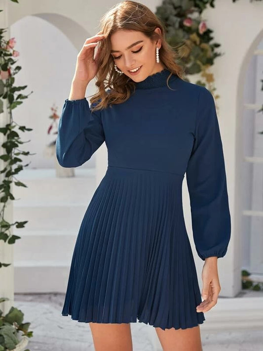 CM-DS211658 Women Casual Seoul Style Long Sleeve Mock Neck Pleated Hem Solid Dress - Navy Blue