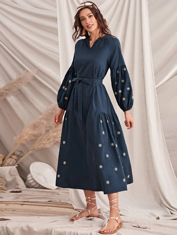 CM-DS204075 Women Elegant Seoul Style Raglan Sleeve Self Belted Floral Embroidery Dress - Navy Blue