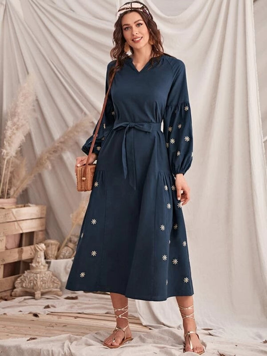 CM-DS204075 Women Elegant Seoul Style Raglan Sleeve Self Belted Floral Embroidery Dress - Navy Blue