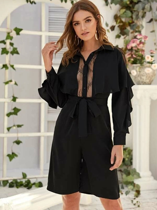 CM-JS216442 Women Trendy Seoul Style Long Sleeve Contrast Lace Ruffle Trim Belted Romper - Black